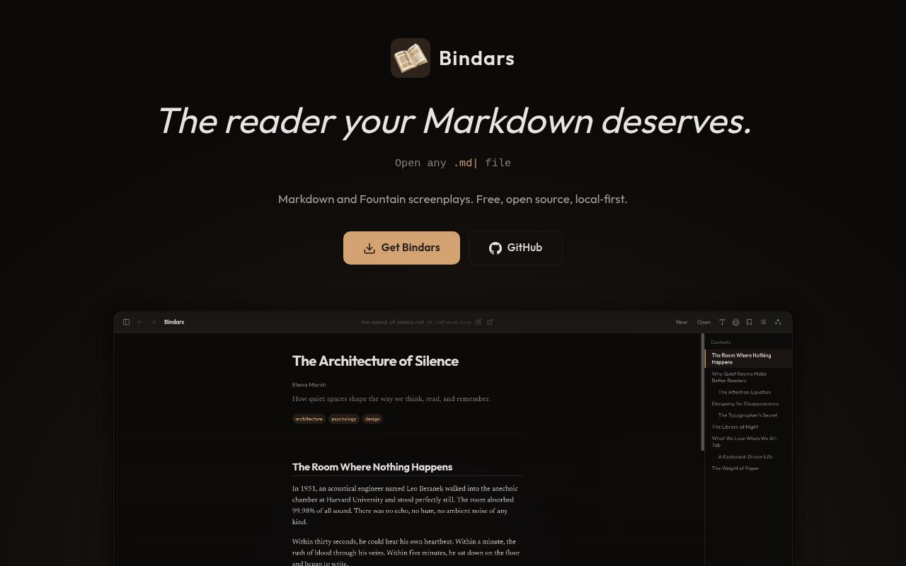 The bindars.dev homepage. The headline reads “The
                          reader your Markdown deserves.” above the “Get Bindars”
                          and “GitHub” buttons and the app displaying a sample
                          essay.
