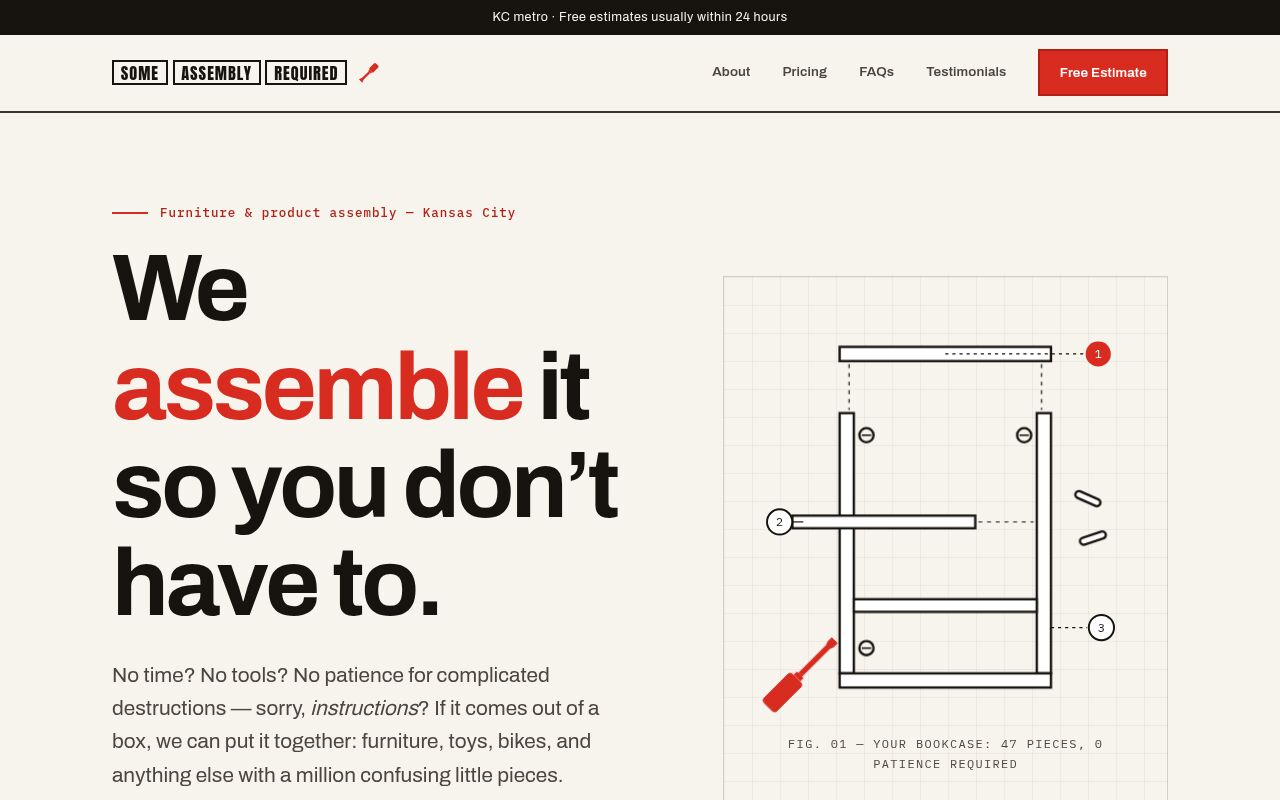 The someassemblykc.com homepage. The headline reads
                          “We assemble it so you don't have to.” beside a numbered
                          bookcase assembly diagram.