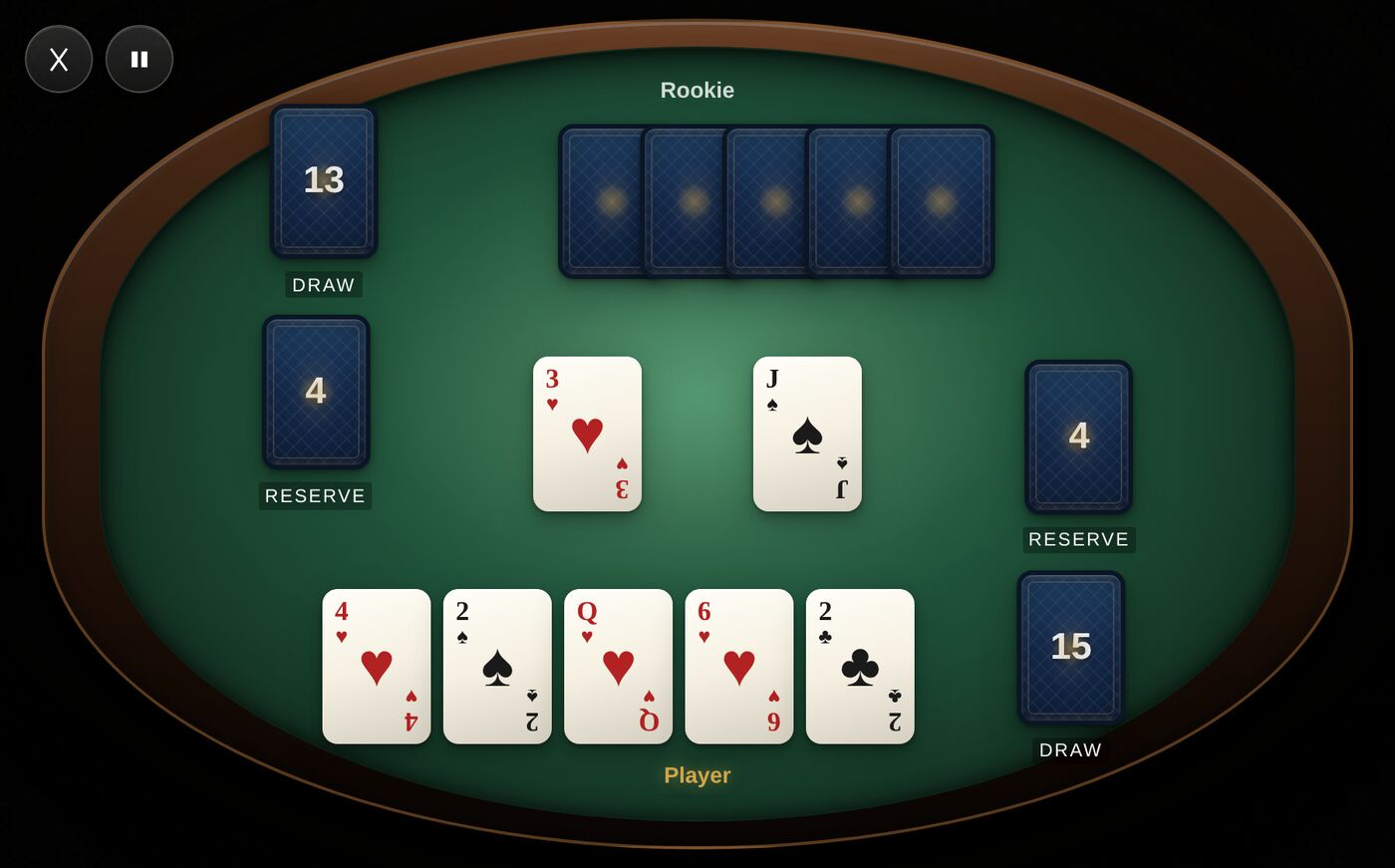 A Speedcards game in progress: a hand of five cards and
                          two center piles on a green table, playing against the
                          practice bot.